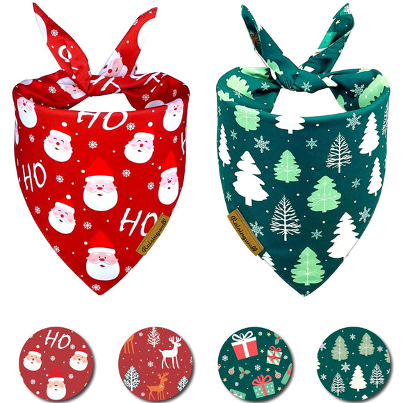 Raisingwell Christmas Dog Bandanas 2 Pack, 4 Pattern Reversible Holiday Bandana for Boy and Girl, Dog Scarf for Medium and Large Breed Dogs | Chritmas Gift | Reindeer | Santa Claus | Tree |