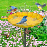 YALINKA Metal Bird Bath for Outside, Detachable Birdbath Sturdy 5-Prong Stake Base with Bowl & Decorative Birds, Durable Iron Garden Birdbath & Feeder for Patio Wildlife Décor (Retro Yellow)