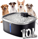 Pokpet Dog Water Fountain Indoor Homes Stainless Steel 10L/2.64GAL Plug in Plastic Reservoir Stainless Steel Water Bowl Filtered Multi-Pet Quiet Large Black Plug-in &1Filter