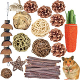 QHZHANG 24PCS Hamster Chew Toys Set, Natural Small Animal Teeth Grinding Molar Toys with Apple Wood Sticks Sweet Bamboo Grass Balls Pine Cones for Rabbit Chinchilla Guinea Pig Squirrel Gerbil