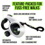 AVANTO Retractable Dog Leash with Flashlight, 16ft Heavy Duty LED Night Safety Leash for Dogs up to 110lbs – 360° Tangle-Free, USB Rechargeable Light, Waste Bag Dispenser, One-Hand Brake & Lock