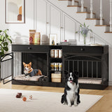 GarveeHome Dog Crate Furniture for 2 Dogs, Dog Kennel Indoor with Storage and Feeding Bowls, Double Dog Crate TV Stand for Small Medium Dogs, Black