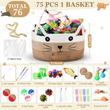 Zopeal 76 Pcs Cat Storage Basket Gift Toys Set, Interactive Cat Toys, Kitten Wand, Colorful Flashing Balls Pet Bell Crinkle Balls Spring Attract Kitten to Swat, Bite, Hunt for Pet Indoor(Khaki)