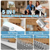 Pet Steam Brush for Dogs & Cats,5-in-1 Self-Cleaning Dog Steam Brush with 3 Swap-in Heads (Grooming, Dematting, Deshedding),Cat Spray Hair Removal Comb,Includes Pet Essence & Storage Bag