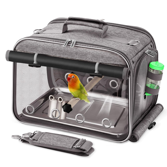 Suertree Bird Carrier Airline Approved, Bird Travel Cage with Indestructible Stainless Steel Mesh, Bird Travel Bag Lightweight and Portable with Water Bottle and Bowl