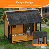HomeSheek Dog House with Dog Bowls Stand, Large Outdoor Dog House Kennel, Easy to Install, Design with Weatherproof Roof and All-Around Iron Frame for Outside Small Medium Large Breed Dogs(Brown)