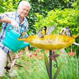 YALINKA Metal Bird Bath for Outside, Detachable Birdbath Sturdy 5-Prong Stake Base with Bowl & Decorative Birds, Durable Iron Garden Birdbath & Feeder for Patio Wildlife Décor (Retro Yellow)