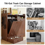 Tilt-Out Trash Can Cabinet with Storage, Dog Feeding Station, Dark Walnut