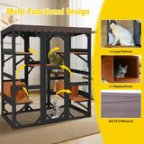 Wooden Catio Outdoor Cat Enclosure — Large Walk-in Kitty Condo with 7 Climbing Platforms, 2 Napping Houses, Expandable Window Panel & Weatherproof Asphalt Roof (Black, Large)