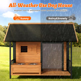 BuddyManor 51'' Dog House with Dog Bowls Stand, Large Outdoor Dog House Kennel with Weatherproof Roof, Easy to Install Anti-Bite Design Dog Home for Outside Small Medium Large Dogs(Brown)
