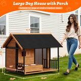 BuddyManor 51'' Dog House with Dog Bowls Stand, Large Outdoor Dog House Kennel with Weatherproof Roof, Easy to Install Anti-Bite Design Dog Home for Outside Small Medium Large Dogs(Brown)