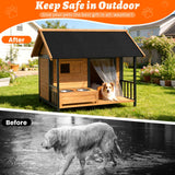 BuddyManor 51'' Dog House with Dog Bowls Stand, Large Outdoor Dog House Kennel with Weatherproof Roof, Easy to Install Anti-Bite Design Dog Home for Outside Small Medium Large Dogs(Brown)