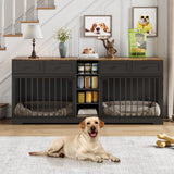 GarveeHome 82" Double Dog Crate Furniture with Drawers and Shelves, Black