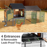 MEDEHOO 85.6" Chicken Coop with Wheels and Large Run, Heavy Duty Metal Frame Wooden Hen House for 4-6 Chickens, Mobile Poultry Cage with 3 Nesting Boxes, Waterproof Asphalt Roof & Anti-Predator Locks