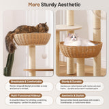 BUMUBI Rattan Cat Climbing Tower Condo with Scratching Post,Capsule,Basket,and Bed Modern Heavy Duty Cat Tree for Indoor Cat Large Adult