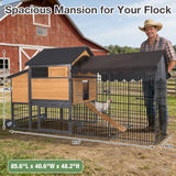 MEDEHOO 85.6" Chicken Coop with Wheels and Large Run, Heavy Duty Metal Frame Wooden Hen House for 4-6 Chickens, Mobile Poultry Cage with 3 Nesting Boxes, Waterproof Asphalt Roof & Anti-Predator Locks