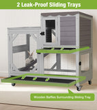 GUTINNEEN Duplex Rabbit Hutch Indoor with Chew-Proof Frame & 2 Leak-Proof Sliding Trays, Rain Cover, Wooden Guinea Pig Cages with Wheels - Grey