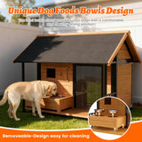 BuddyManor 51'' Dog House with Dog Bowls Stand, Large Outdoor Dog House Kennel with Weatherproof Roof, Easy to Install Anti-Bite Design Dog Home for Outside Small Medium Large Dogs(Brown)