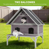 GUTINNEEN Outdoor Cat House Weatherproof Large Feral Cat Shelter with 2-Layer, Wooden Cat Condo with Balcony, Escape Doors and Openable Back Door for Multiple Cats Indoor