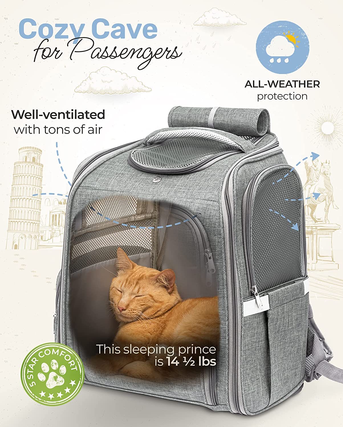 BriskTails Сat Backpack Carrier - Expandable Cat Large Travel