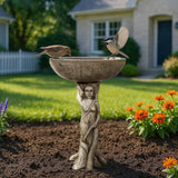 SunJet 25” High x 17” Diameter Outdoor Bird Bath with Goddess Pedestal Design - Fibre Reinforced Concrete Birdbaths for Garden, Patio, Yard, Lawn Décor