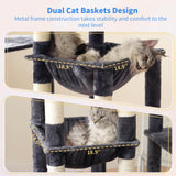 Heybly Cat Tree, 71-Inch Tall Cat Tower for Large Maine Coon Cats with Extra-Large Baseboard, Cat Condo Furniture with Multi-Level Platforms, 2 Hammocks and 12 Scratching Posts, Smoky Gray HCT037G