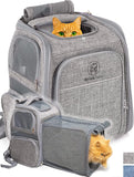 Gray pet carrier with a cat peeking out on a white background