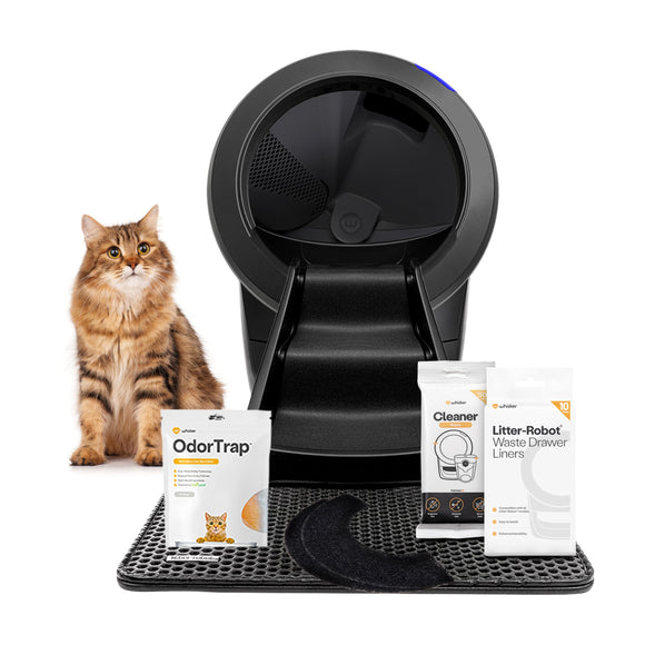 Cat litter system with a cat, OdorTrap product, and waste drawer liners on a white background