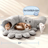 VIEFIN Cat Tunnel Bed for Indoor Cats, Peekaboo Cat Cave Bed with 20 Pcs Cat Toys, Soft Cat Donut Tunnel for Kitten Large Cats, Grey Octopus