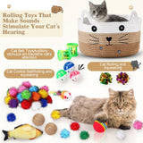 Zopeal 76 Pcs Cat Storage Basket Gift Toys Set, Interactive Cat Toys, Kitten Wand, Colorful Flashing Balls Pet Bell Crinkle Balls Spring Attract Kitten to Swat, Bite, Hunt for Pet Indoor(Khaki)