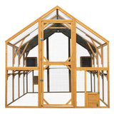 KEIKI 110"L Outdoor Large Chicken Coop with Waterproof Cover, Roosting Platform, Wire Mesh & 2 Lift Small Doors with Locks, Wood Chicken Coop House with Run for Cat Kitten Playpen, Duck, Rabbit, Quail