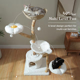 PAWZ Road Cat Tree for Indoor Cats Large Adults, 59 Inches Modern Cat Tower with Large Basket and Hammock, Natural Solid Wood, Luxury Condo & Dual Perches, Modern Cat Furniture for Big Cats, White