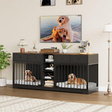 GarveeHome 82" Double Dog Crate Furniture with Drawers and Shelves, Black