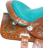 LEATHERRIDE Western Leather Barrel Saddle Floral Embossed Tooled Trail Rodeo Horse Saddle with Matching Headstall, Reins and Breast Collar (14inch)