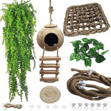 MUYG Crested Gecko Tank Accessories,Gecko Coconut Hut Hideout with Ladder Reptile Hammock Lizards Hanging Plants Flexible Climbing Jungle Vine Leaves Terrarium Decor