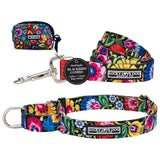 Lucky Love Dog Martingale Collar, Leash & Waste Bag Holder Floral Set - No-Buckle Collar for Training & Walking, Durable & Soft Webbing Leash, Cute Dog Poop Bag Holder - Blackbird, Small
