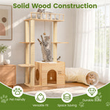 Regmuse 45 Inch Solid Wood Cat Tree, Modern Cat Tower for Indoor Cats, Cat Condo with Single Tunnel, Sisal Scratching Posts, High Perch Platform, Washable Cushion, Hanging Balls, Natural