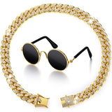 Xuniea 2 Pieces Cat Dog Chain Collar and Sunglasses Set Rhinestone Necklace with Secure Buckle Round Glasses for Doll Cat Dog Pet Accessories(10 Inch,Gold, Black)