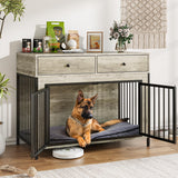 LEMBERI 44 Inch Large Dog Crate Furniture with 2 Storage Drawers, Wooden Dog Kennel Furniture as End Table, Decorative Pet Cage Dog House Indoor for Dogs, New Grey