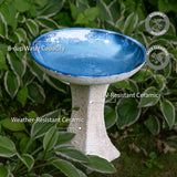 Sunnydaze Ceramic Bird Bath for Outside - 16" H - UV- and Frost-Resistant - Pedestal Bird Bath - Blue Glazed Bowl - White Lava Finish