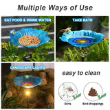 Homight Solar Glass Blue Bird Bath, Yard Art，Garden Outdoor Birdbath with Metal Stake with White LED Light Metal Stake Garden Decor Gift