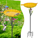 YALINKA Metal Bird Bath for Outside, Detachable Birdbath Sturdy 5-Prong Stake Base with Bowl & Decorative Birds, Durable Iron Garden Birdbath & Feeder for Patio Wildlife Décor (Retro Yellow)