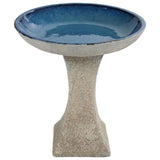 Sunnydaze Ceramic Bird Bath for Outside - 16" H - UV- and Frost-Resistant - Pedestal Bird Bath - Blue Glazed Bowl - White Lava Finish