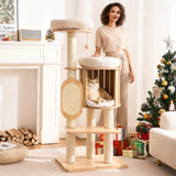 Kicari Modern Solid Wood Cat Tree for Indoor Cats Large Adult, 50in Tall Cat Tower with Sisal Scratching Posts, Cat Scratcher Cardboard, Cozy Cat Beds Cave Condo, Multi-Level Cat Furniture