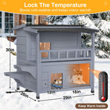 PETIMBER 2-Story Insulated Outdoor Cat House with Heated Pad, Insulated Liner, Escape Door, Winter Weatherproof Outdoor Heated Feral Cat Shelter, Wooden Cat House for Multiple Cats, Grey