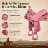 Handmade Black Leather Western Horse Saddle, Floral Tooled Equestrian Tack with Silver Conchos & Stirrups, Trail Riding Ranch Saddle (Pink, 12 inches)