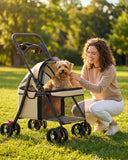 GTPLAYER Foldable Pet Stroller for Small Dogs and Cats, Holds Up to 33 lb, 4-Wheel Stroller with 2 Safety Tethers, Breathable Mesh, Lockable Front Wheels, Cup Holder/Tray & Storage Pocket, Beige