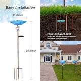 Homight Solar Glass Blue Bird Bath, Yard Art，Garden Outdoor Birdbath with Metal Stake with White LED Light Metal Stake Garden Decor Gift