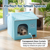PatiencET Cat Cooling House for 1 Cat, Indoor Cooling Cat House for Summer, Blue Cat Hideaway Bed with Side Ice Packs, Insulated Foil Lining