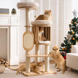 Kicari Modern Solid Wood Cat Tree for Indoor Cats Large Adult, 50in Tall Cat Tower with Sisal Scratching Posts, Cat Scratcher Cardboard, Cozy Cat Beds Cave Condo, Multi-Level Cat Furniture